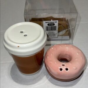 Novelty Coffee Cup & Pink Donut Salt & Pepper Shaker Set | Ceramic | Boxed